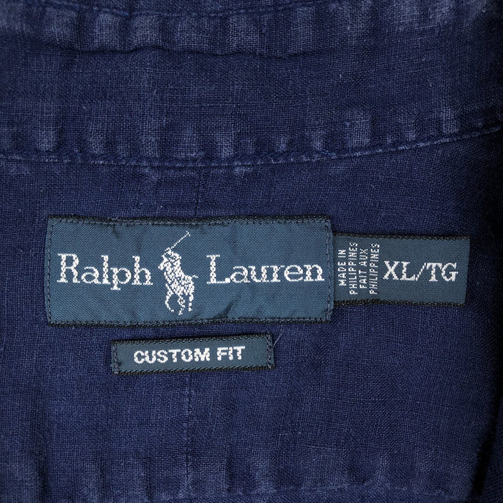 Ralph Lauren CUSTOM FIT short sleeve linen button down shirt, men's XL size linen navy blue type Vintage Second Hand