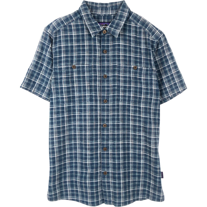 Patagonia Backstep Shirt 53139SP19 Check Pattern Short Sleeve Cotton x Hemp Box Shirt Men's Size S Hemp blue type Vintage Second Hand