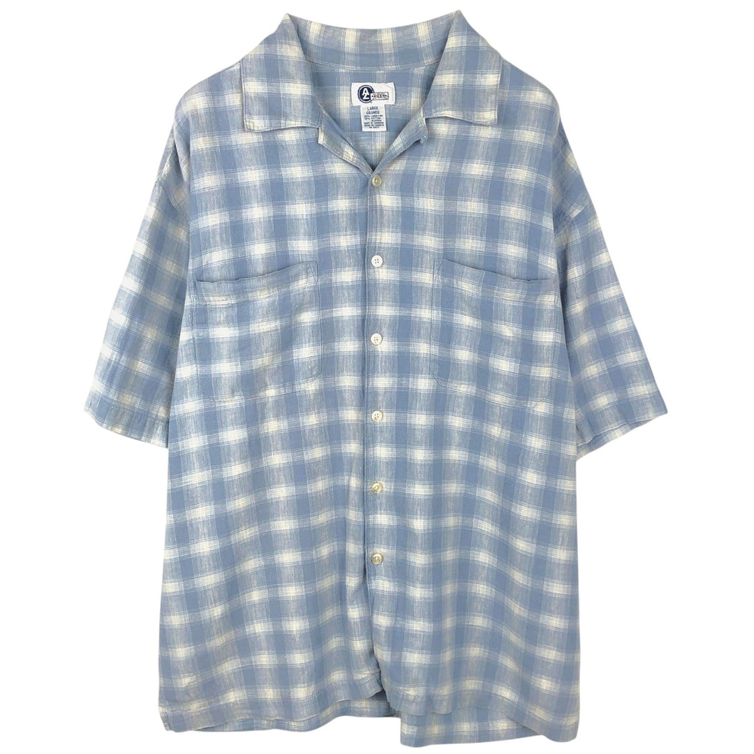 ARIZONA Check Pattern Short-Sleeve Open Collar Cotton x Linen Shirt, Boxy Shirt, Men's Size L (approx.) linen Blue type light blue Vintage Second Hand