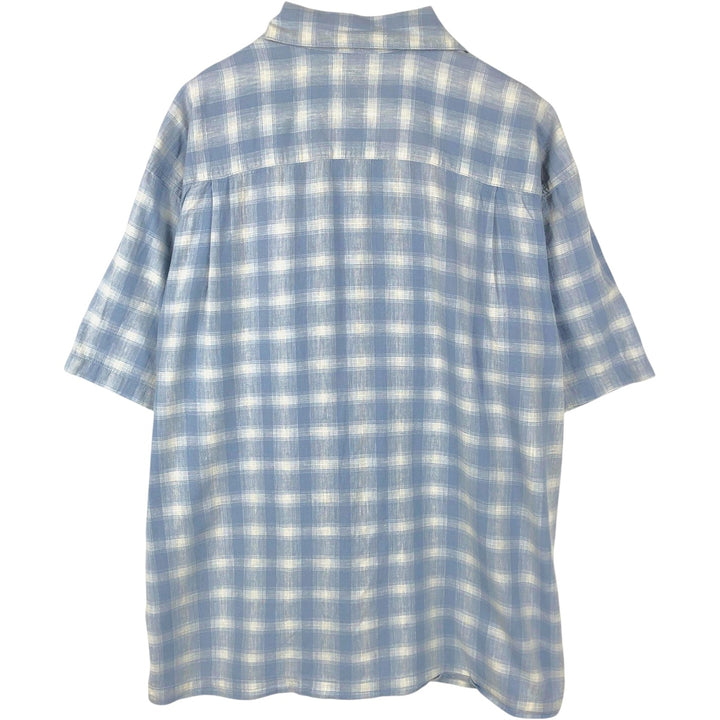 ARIZONA Check Pattern Short-Sleeve Open Collar Cotton x Linen Shirt, Boxy Shirt, Men's Size L (approx.) linen Blue type light blue Vintage Second Hand