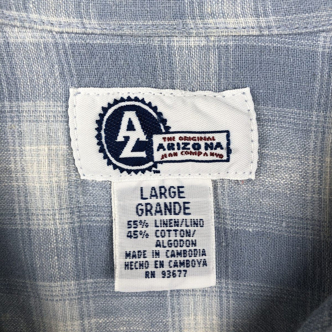 ARIZONA Check Pattern Short-Sleeve Open Collar Cotton x Linen Shirt, Boxy Shirt, Men's Size L (approx.) linen Blue type light blue Vintage Second Hand