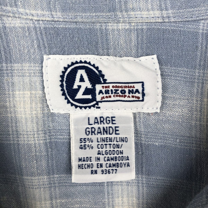 ARIZONA Check Pattern Short-Sleeve Open Collar Cotton x Linen Shirt, Boxy Shirt, Men's Size L (approx.) linen Blue type light blue Vintage Second Hand