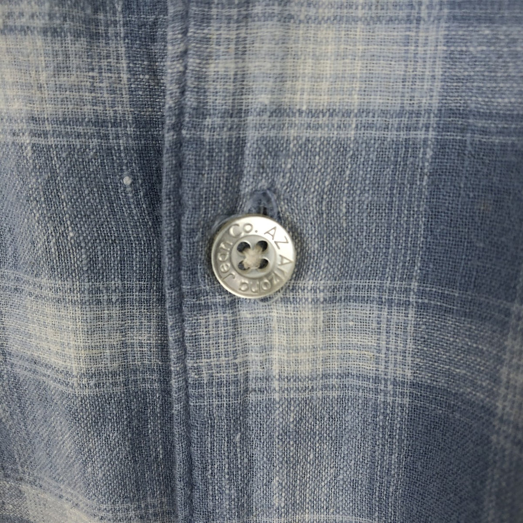 ARIZONA Check Pattern Short-Sleeve Open Collar Cotton x Linen Shirt, Boxy Shirt, Men's Size L (approx.) linen Blue type light blue Vintage Second Hand