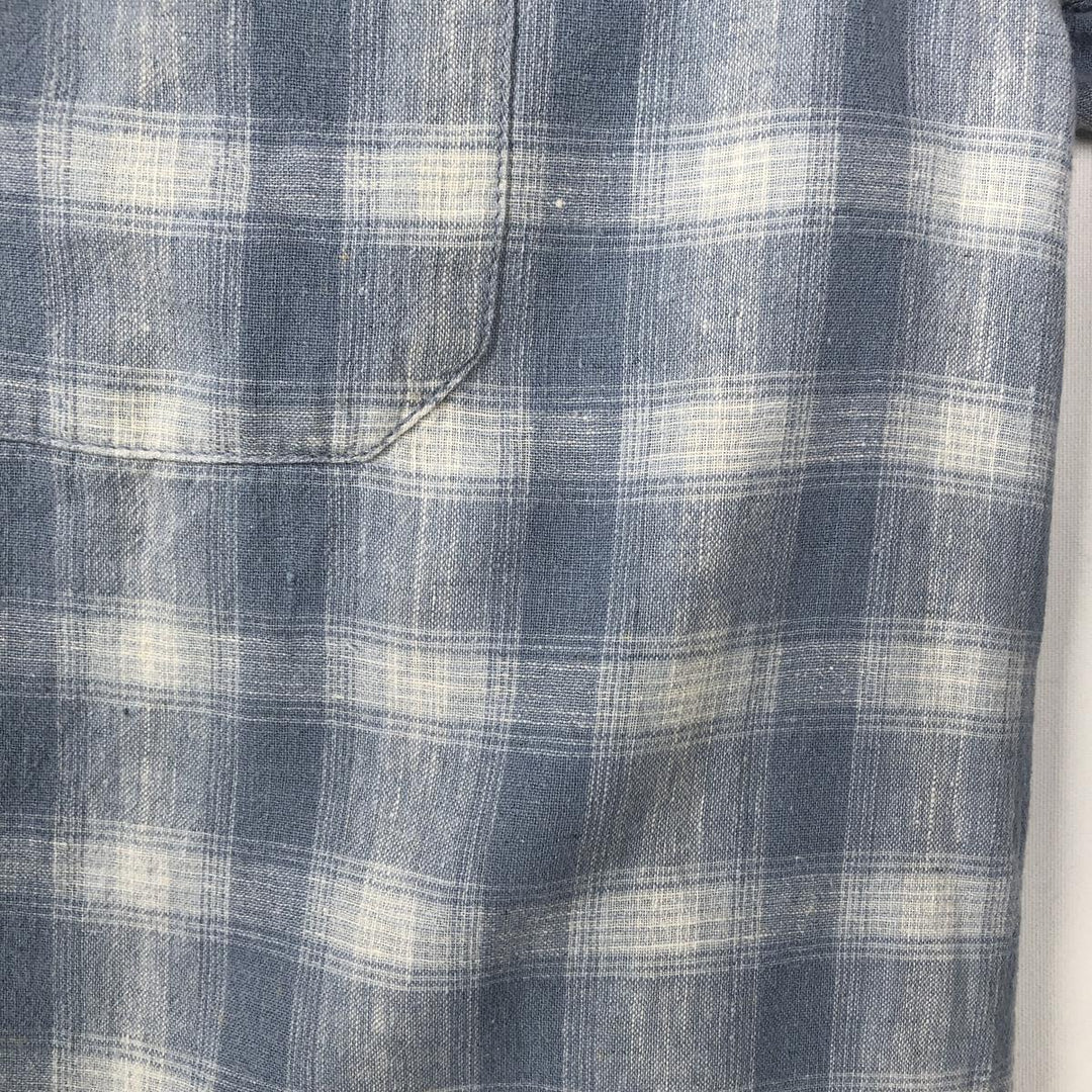 ARIZONA Check Pattern Short-Sleeve Open Collar Cotton x Linen Shirt, Boxy Shirt, Men's Size L (approx.) linen Blue type light blue Vintage Second Hand