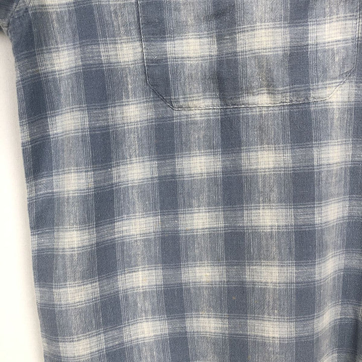 ARIZONA Check Pattern Short-Sleeve Open Collar Cotton x Linen Shirt, Boxy Shirt, Men's Size L (approx.) linen Blue type light blue Vintage Second Hand