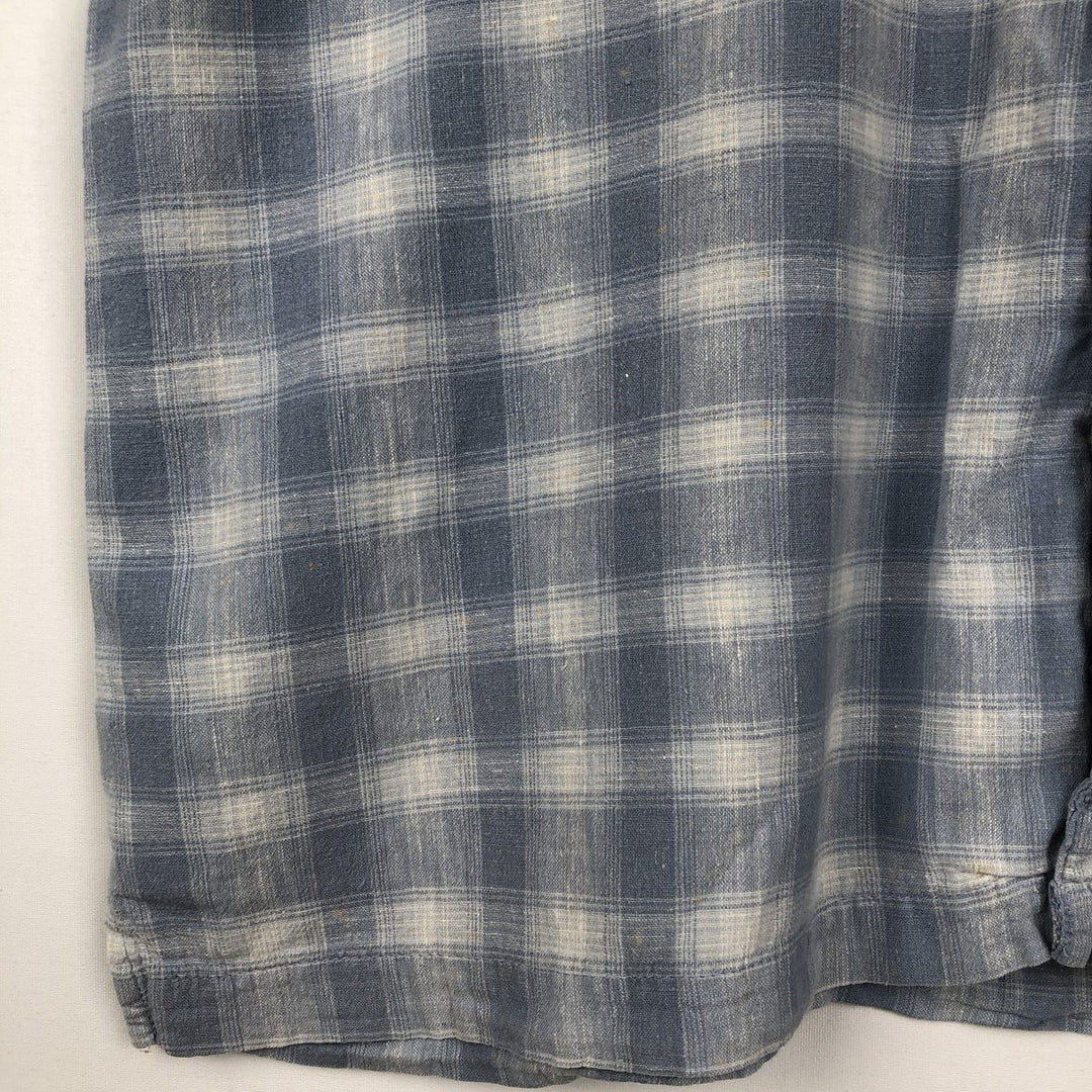 ARIZONA Check Pattern Short-Sleeve Open Collar Cotton x Linen Shirt, Boxy Shirt, Men's Size L (approx.) linen Blue type light blue Vintage Second Hand