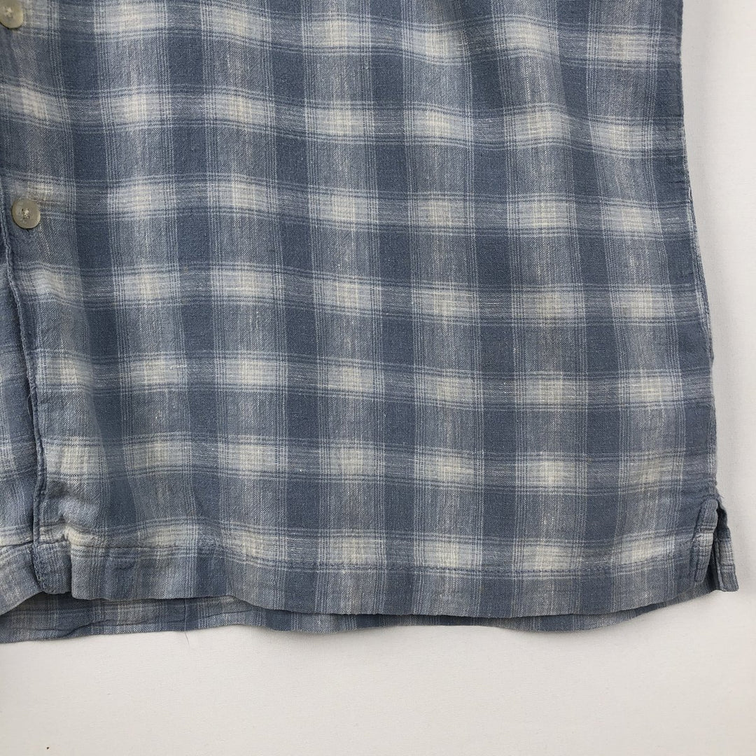 ARIZONA Check Pattern Short-Sleeve Open Collar Cotton x Linen Shirt, Boxy Shirt, Men's Size L (approx.) linen Blue type light blue Vintage Second Hand