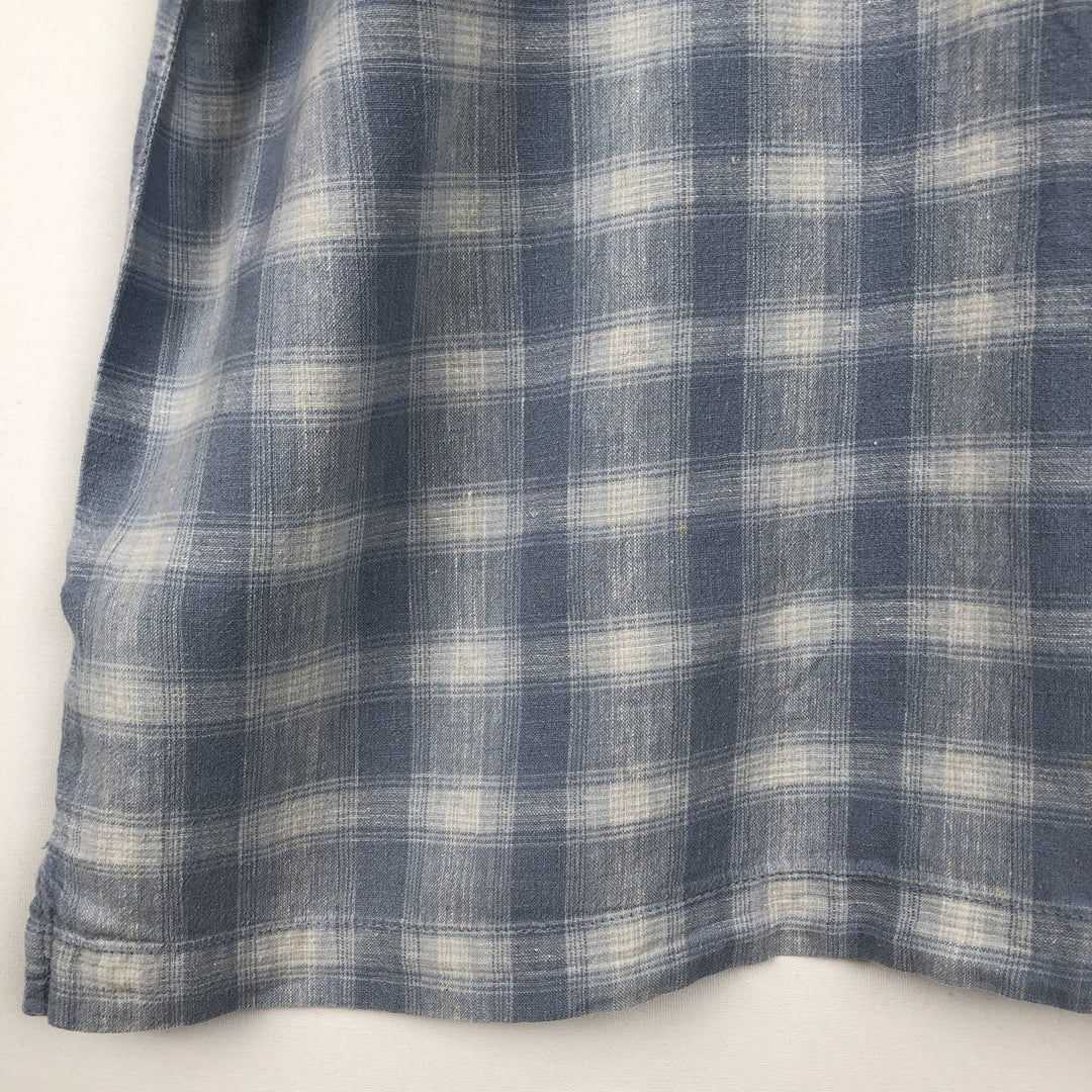 ARIZONA Check Pattern Short-Sleeve Open Collar Cotton x Linen Shirt, Boxy Shirt, Men's Size L (approx.) linen Blue type light blue Vintage Second Hand