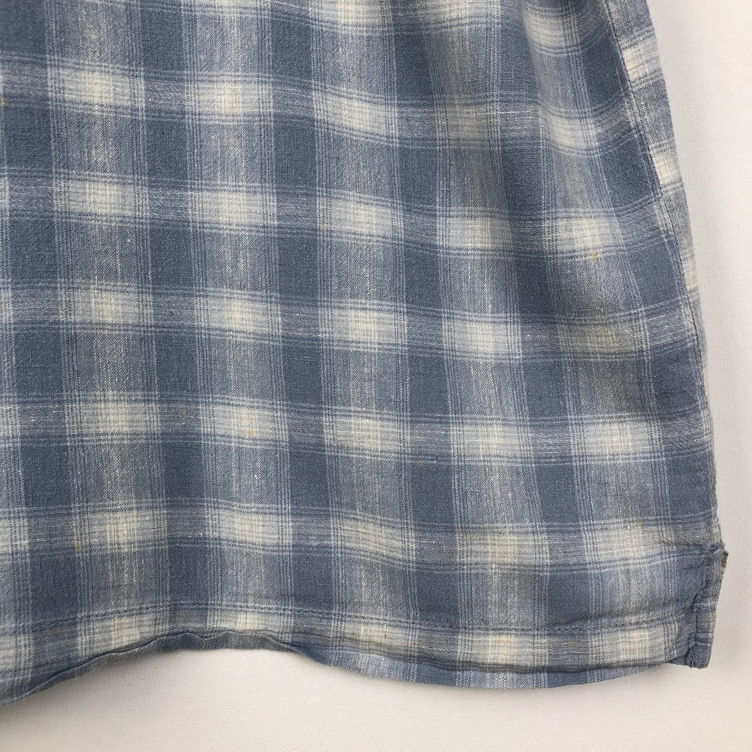 ARIZONA Check Pattern Short-Sleeve Open Collar Cotton x Linen Shirt, Boxy Shirt, Men's Size L (approx.) linen Blue type light blue Vintage Second Hand