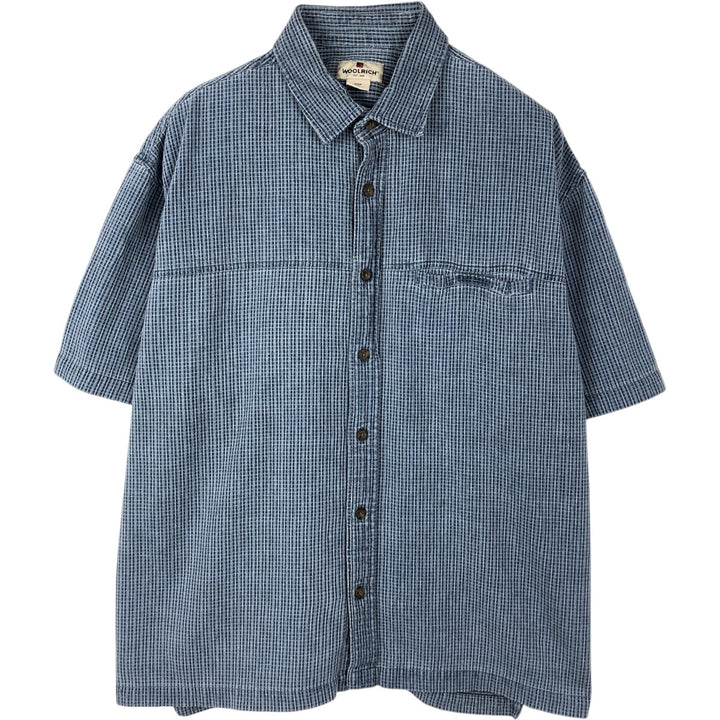 Woolrich Check Pattern Short-Sleeve Cotton Check Shirt, Boxy Shirt, Men's Size XL (approx.) cotton blue type Vintage Second Hand