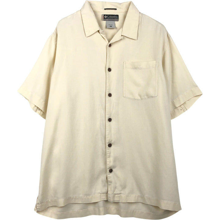 Columbia XCO Short-Sleeve Open-Collar Silk Shirt, Boxy Fit, Men's Size L (approx.) silk ivory Vintage Second Hand