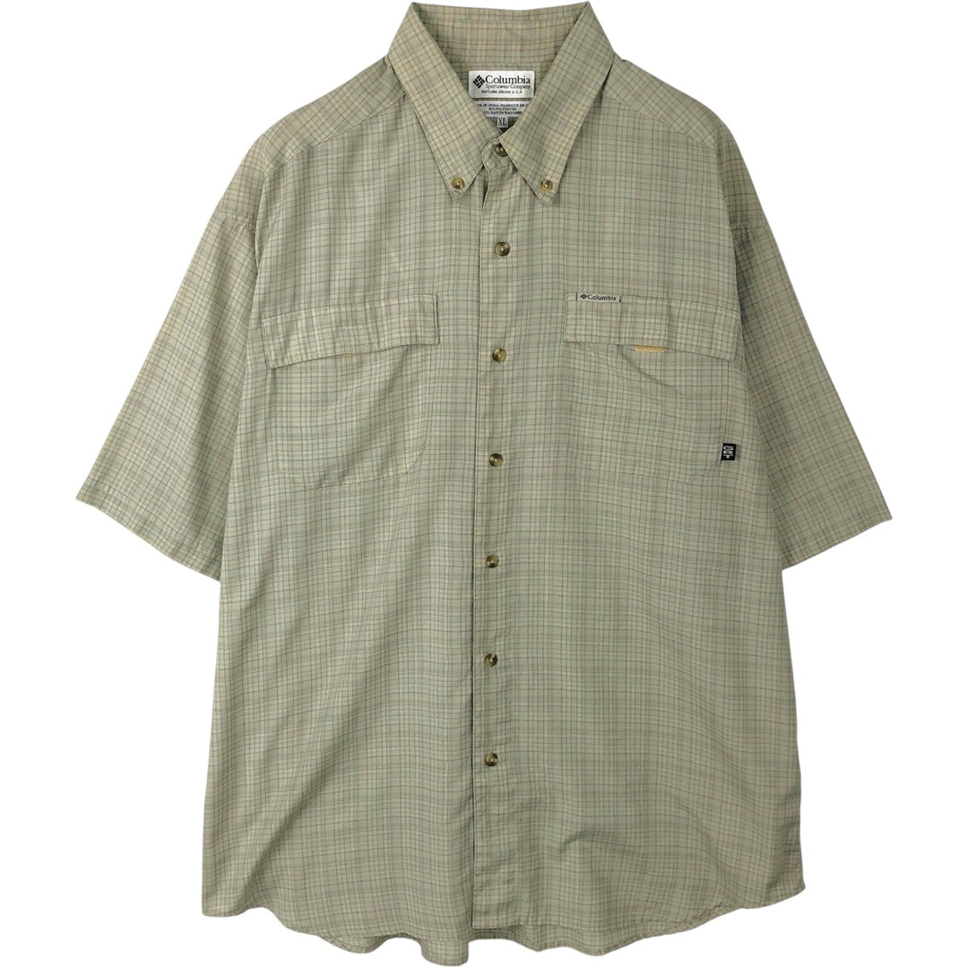 90s-00'S Columbia GRT Short-Sleeve Button-Down Check Shirt, Men's Size XL (Equivalent), Vintage polyester Khaki type sage green Vintage Second Hand