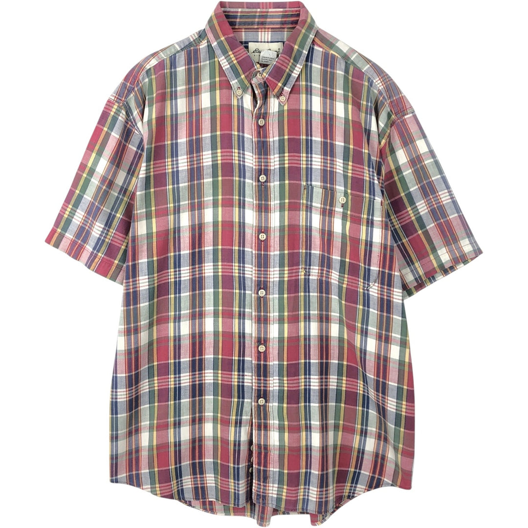 Eddie Bauer Madras check short-sleeved button-down check shirt, men's size L (approx.) cotton red type Vintage Second Hand