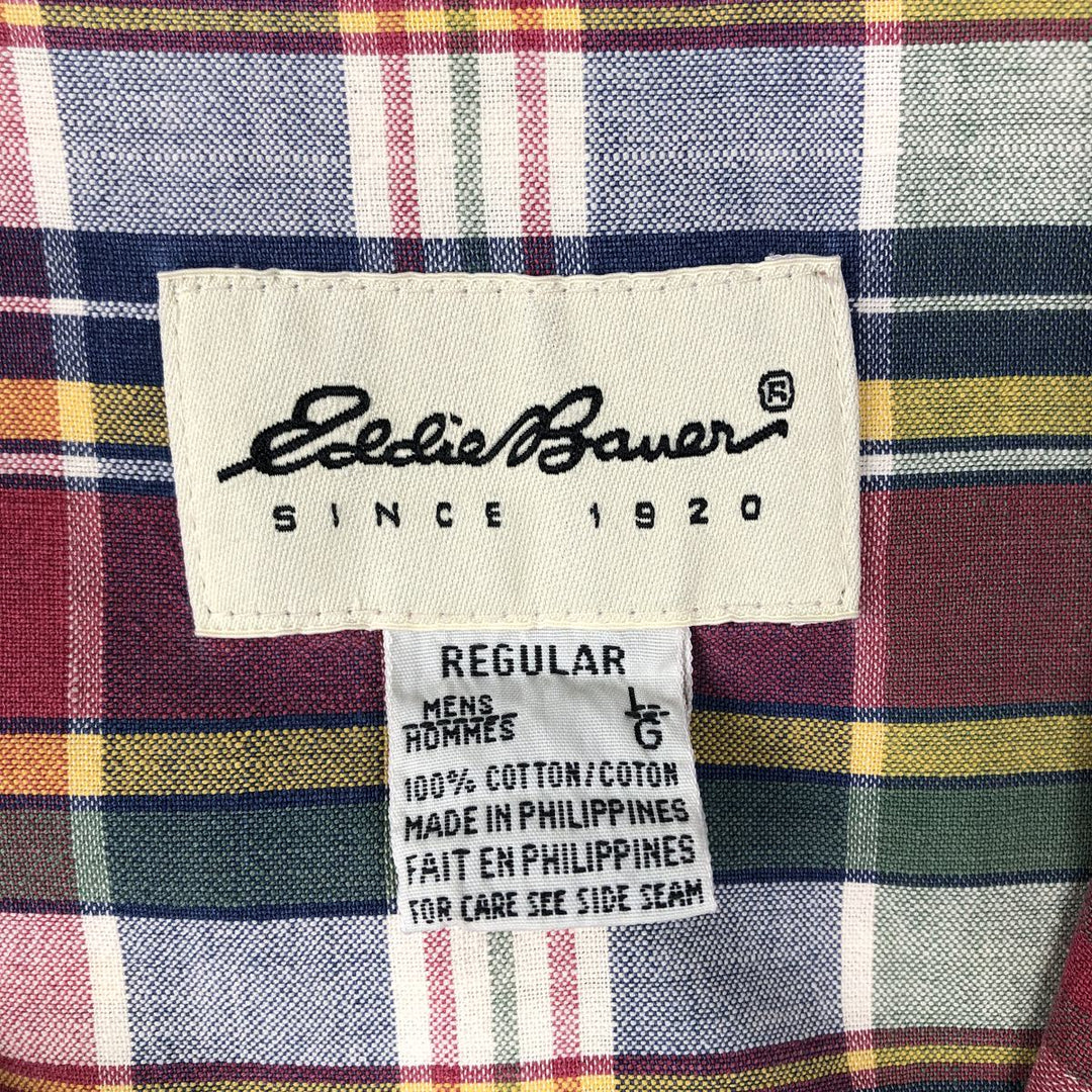 Eddie Bauer Madras check short-sleeved button-down check shirt, men's size L (approx.) cotton red type Vintage Second Hand