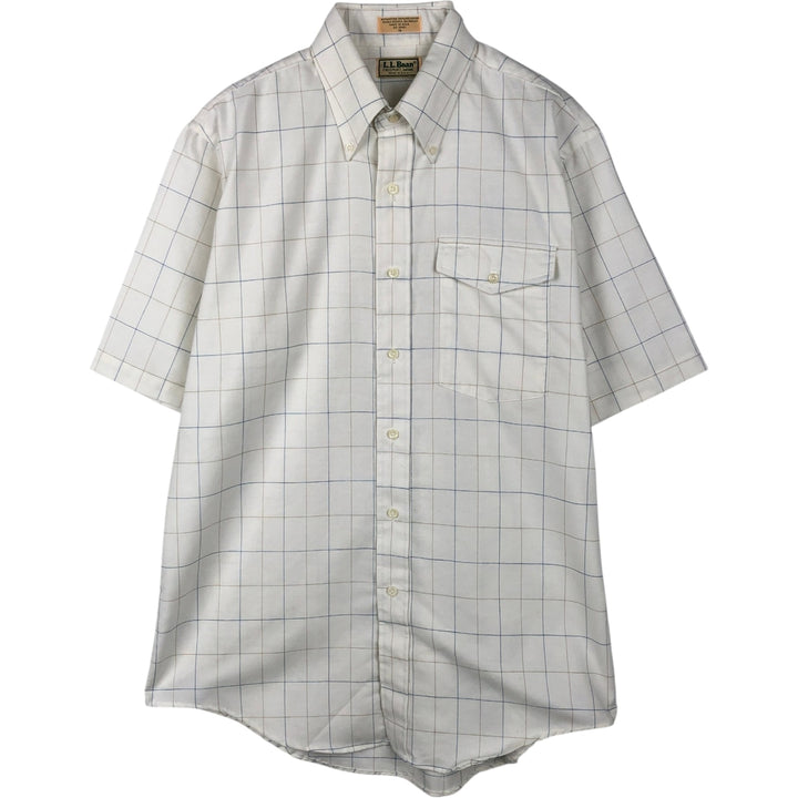 70s~80'S LLBean short sleeve button down check shirt made in USA men's XL size vintage cotton white type Vintage Second Hand