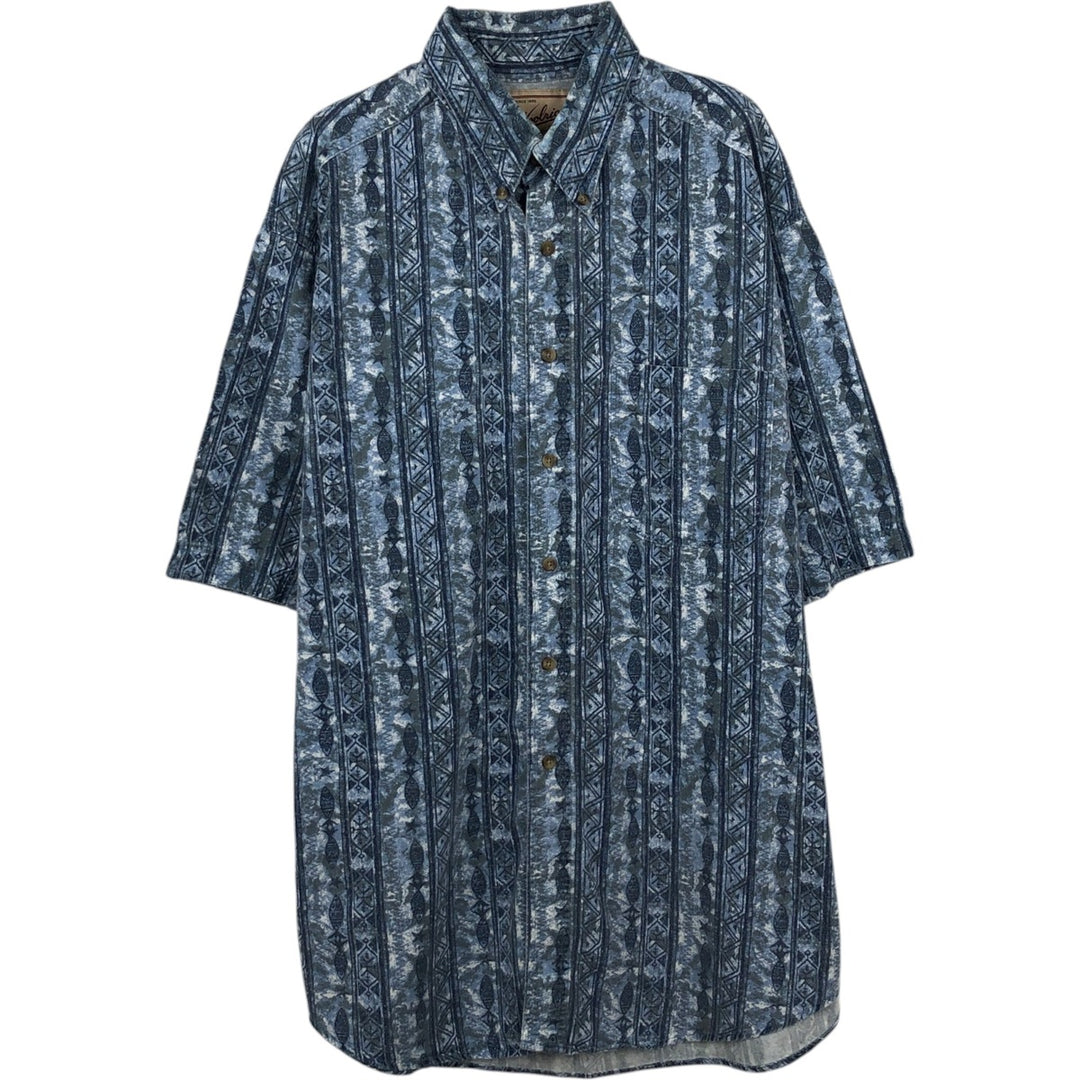 90s-00'S Woolrich all-over print short-sleeved button-down shirt, made in USA, men's size L (approx.) cotton navy blue type Vintage Second Hand