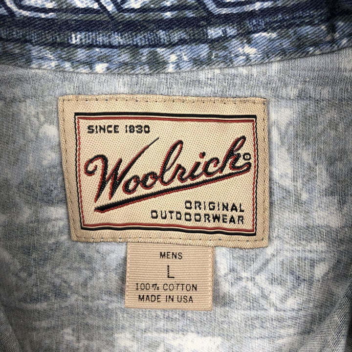90s-00'S Woolrich all-over print short-sleeved button-down shirt, made in USA, men's size L (approx.) cotton navy blue type Vintage Second Hand