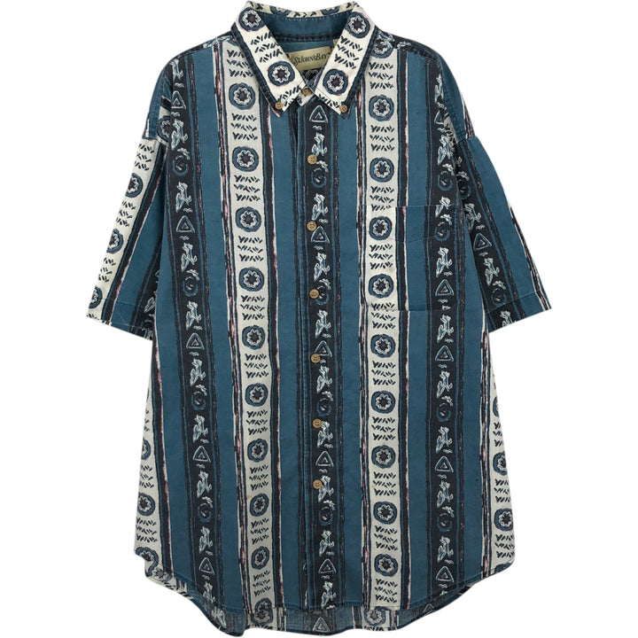 1990'S St. John's Bay all-over print short-sleeved button-down striped shirt, men's size L equivalent, vintage. cotton Navy blue Vintage Second Hand