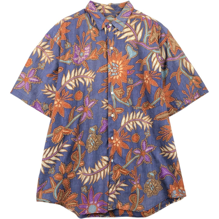 1980'S Banana Republic (BANANA REPUBLIC) all-over floral print short-sleeved cotton check shirt, men's size L equivalent, vintage. cotton blue type Vintage Second Hand