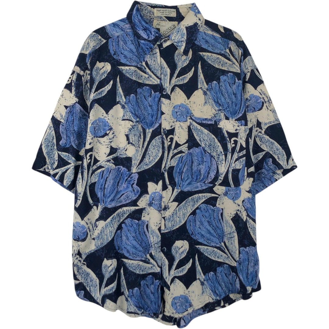 GOOUCH all-over floral print short-sleeved rayon shirt, men's size M equivalent, vintage. Rayon blue type Vintage Second Hand