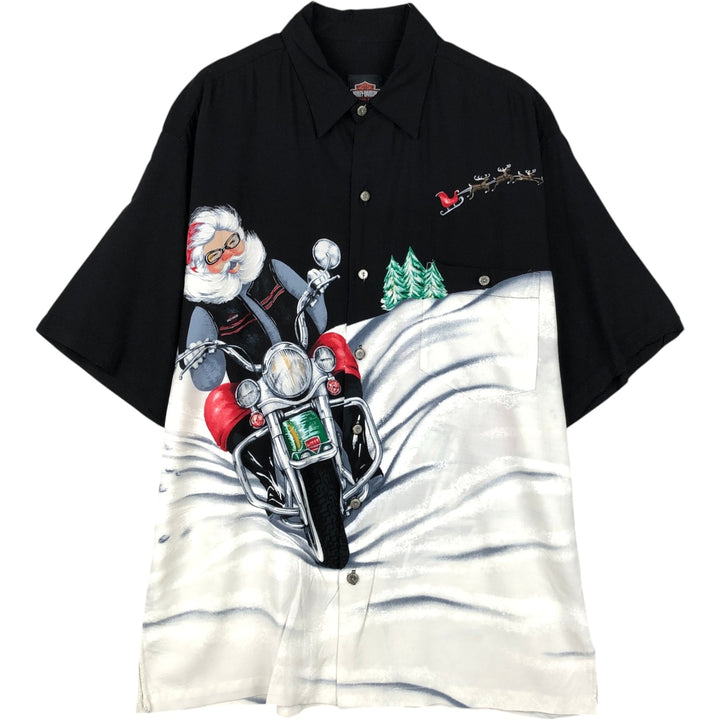 Harley-Davidson Christmas Pattern Short-Sleeve Viscose Box Shirt, Made in Hawaii, Men's Size M (approx.) Viscose black type Vintage Second Hand