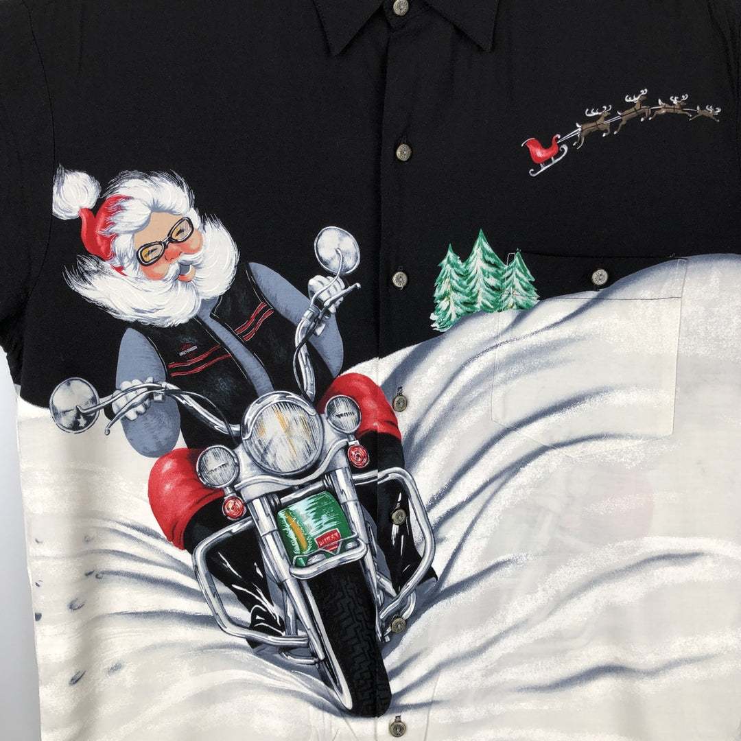 Harley-Davidson Christmas Pattern Short-Sleeve Viscose Box Shirt, Made in Hawaii, Men's Size M (approx.) Viscose black type Vintage Second Hand