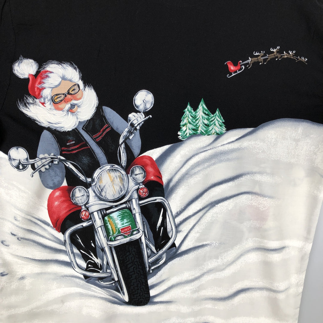 Harley-Davidson Christmas Pattern Short-Sleeve Viscose Box Shirt, Made in Hawaii, Men's Size M (approx.) Viscose black type Vintage Second Hand