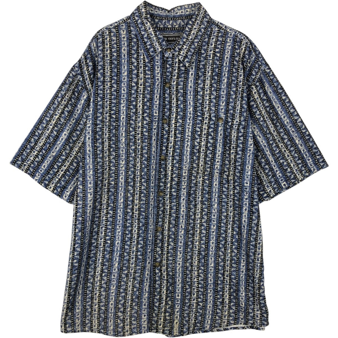 1990s-era David Taylor all-over print short-sleeved silk shirt, men's size L equivalent, vintage. silk blue type Vintage Second Hand