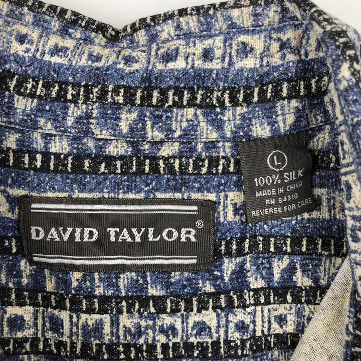 1990s-era David Taylor all-over print short-sleeved silk shirt, men's size L equivalent, vintage. silk blue type Vintage Second Hand