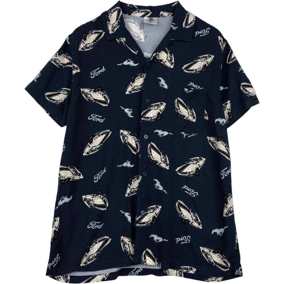 Hybrid Apparel Ford - All-over print short-sleeved open-collar rayon shirt, boxy fit, men's size M. Rayon navy blue type Vintage Second Hand