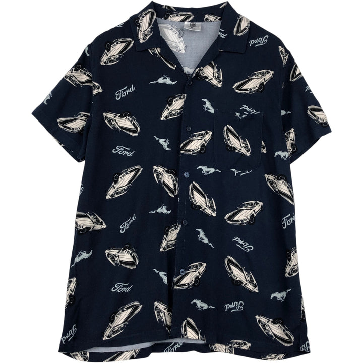 Hybrid Apparel Ford - All-over print short-sleeved open-collar rayon shirt, boxy fit, men's size M. Rayon navy blue type Vintage Second Hand