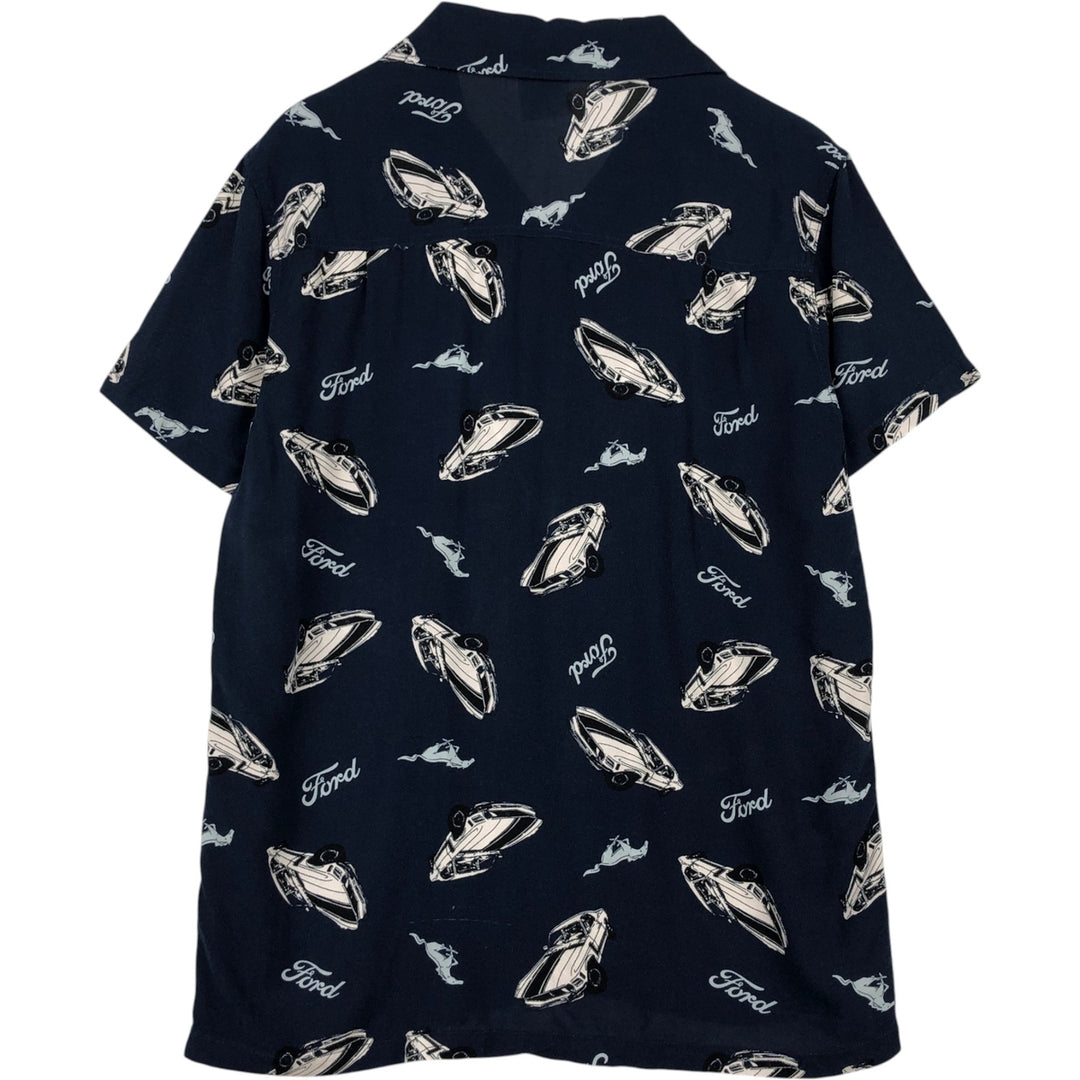 Hybrid Apparel Ford - All-over print short-sleeved open-collar rayon shirt, boxy fit, men's size M. Rayon navy blue type Vintage Second Hand