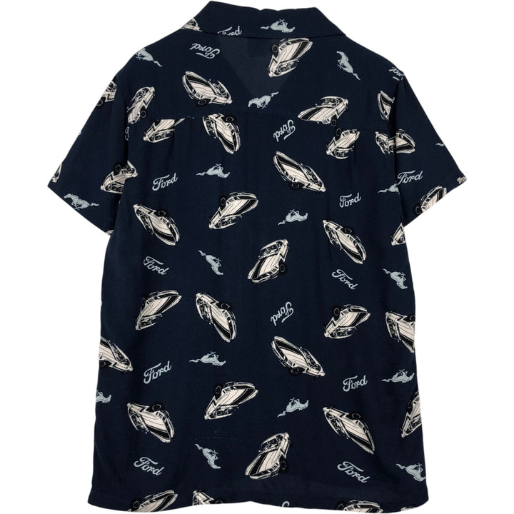 Hybrid Apparel Ford - All-over print short-sleeved open-collar rayon shirt, boxy fit, men's size M. Rayon navy blue type Vintage Second Hand