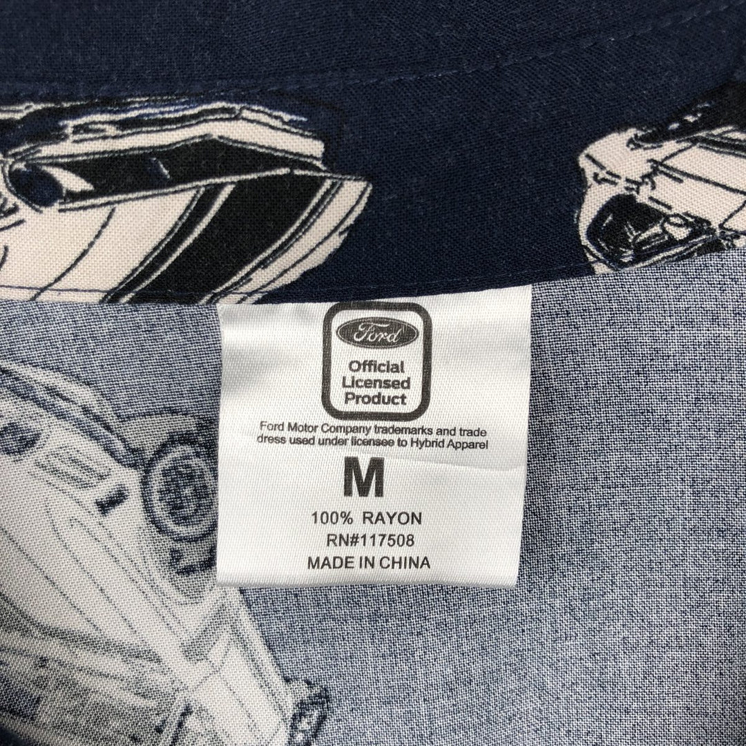 Hybrid Apparel Ford - All-over print short-sleeved open-collar rayon shirt, boxy fit, men's size M. Rayon navy blue type Vintage Second Hand