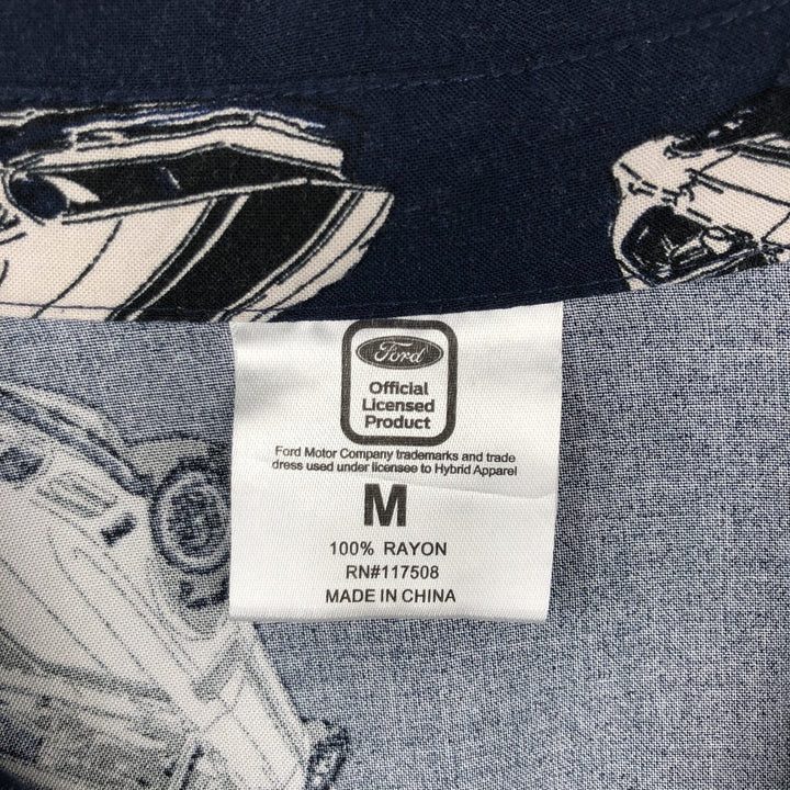 Hybrid Apparel Ford - All-over print short-sleeved open-collar rayon shirt, boxy fit, men's size M. Rayon navy blue type Vintage Second Hand