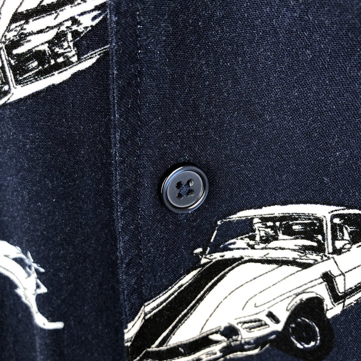 Hybrid Apparel Ford - All-over print short-sleeved open-collar rayon shirt, boxy fit, men's size M. Rayon navy blue type Vintage Second Hand