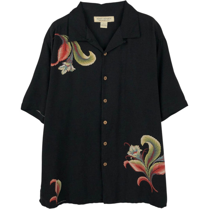 ISLAND REPUBLIC Botanical Pattern Short-Sleeve Open-Collar Silk Shirt, Boxy Fit, Men's Size L (approx.) silk black type Vintage Second Hand