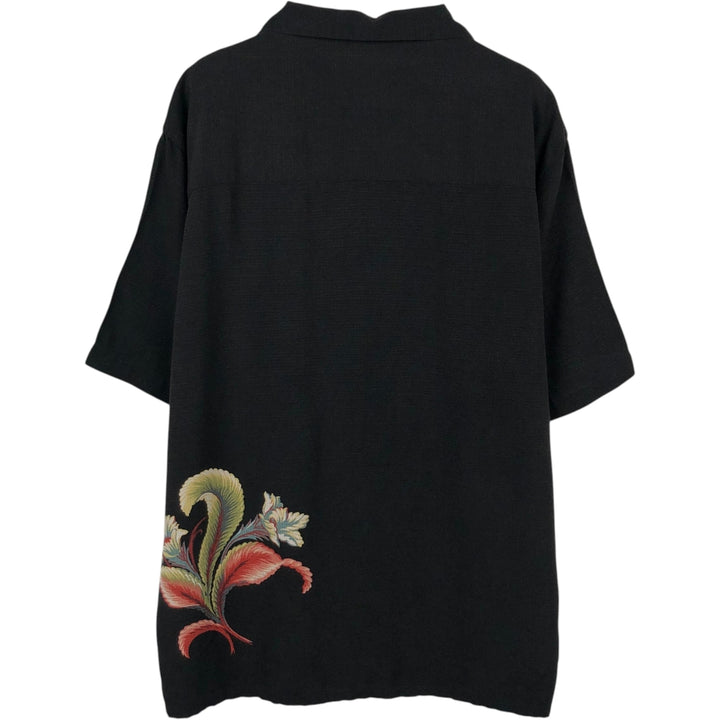 ISLAND REPUBLIC Botanical Pattern Short-Sleeve Open-Collar Silk Shirt, Boxy Fit, Men's Size L (approx.) silk black type Vintage Second Hand