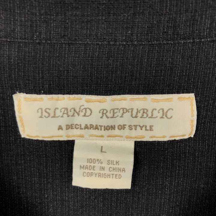 ISLAND REPUBLIC Botanical Pattern Short-Sleeve Open-Collar Silk Shirt, Boxy Fit, Men's Size L (approx.) silk black type Vintage Second Hand