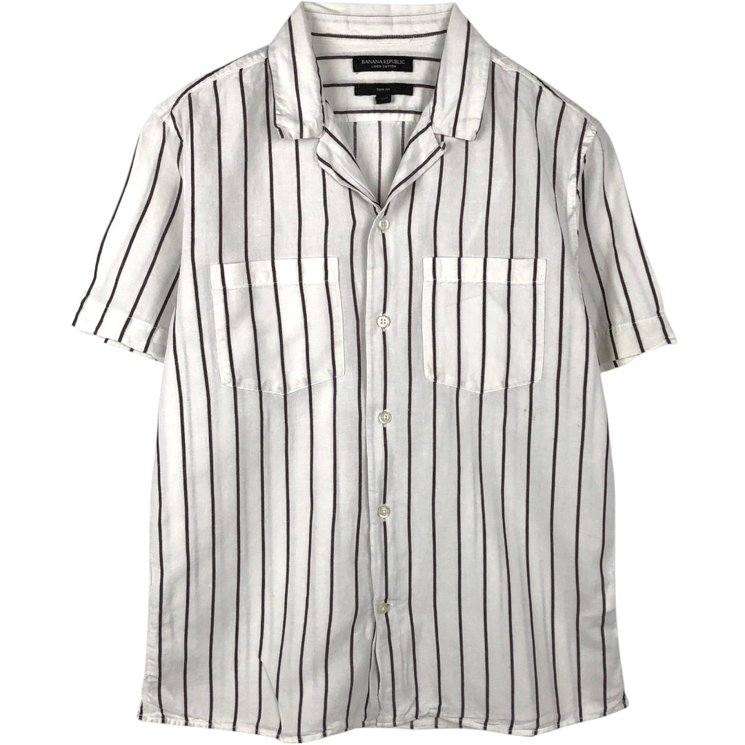 2000'S Banana Republic Slim Fit Stripe Pattern Short-Sleeve Open Collar Linen Shirt, Boxy Shirt, Men's Size S (approx.) linen white type Vintage Second Hand
