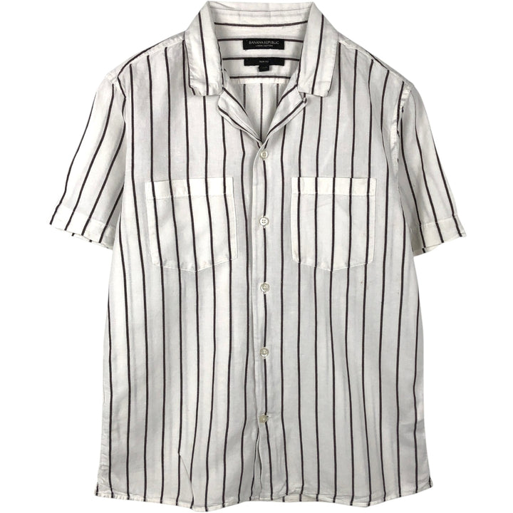 2000'S Banana Republic Slim Fit Stripe Pattern Short-Sleeve Open Collar Linen Shirt, Boxy Shirt, Men's Size S (approx.) linen white type Vintage Second Hand