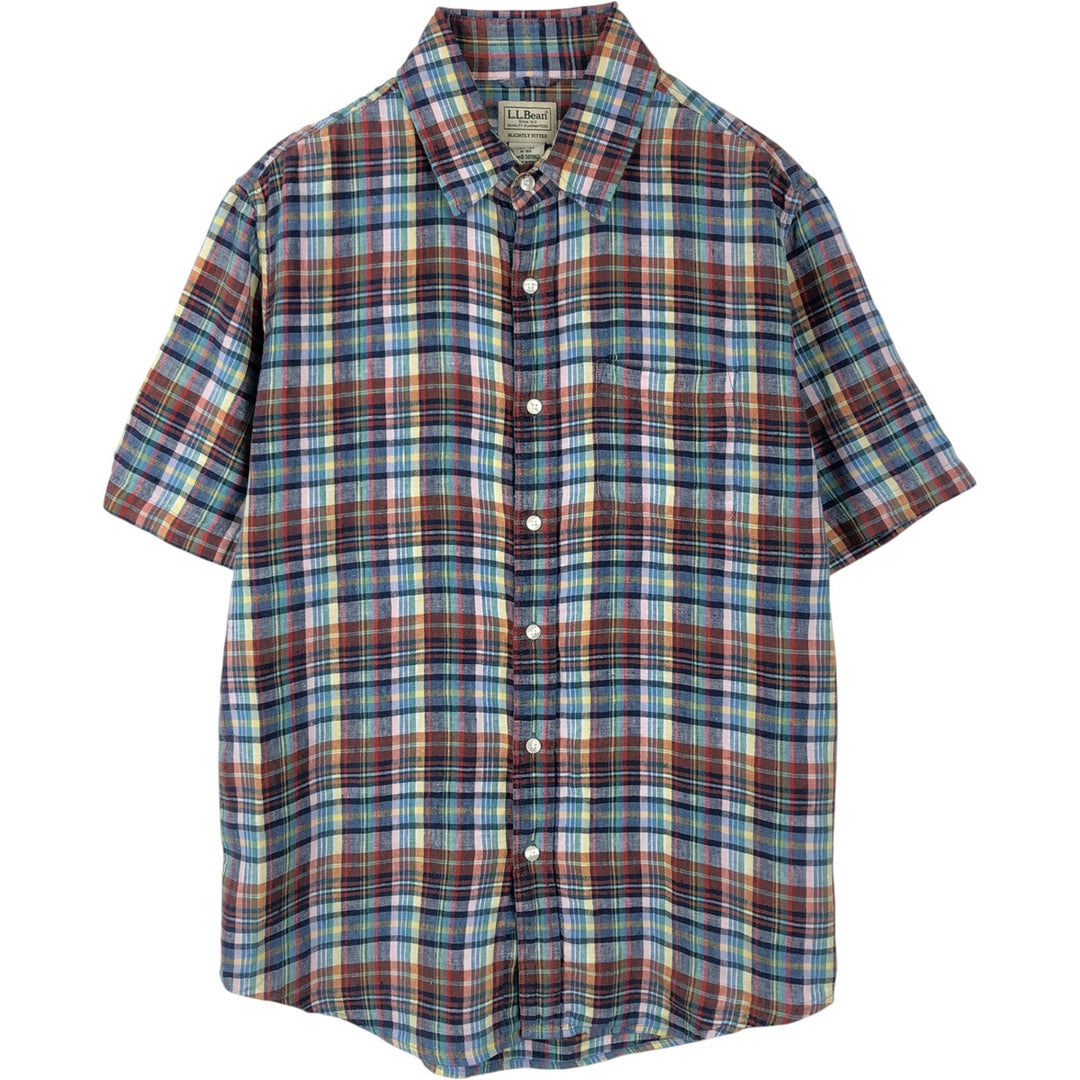 90s-00'S LLBean Check Pattern Short-Sleeve Linen Shirt, Men's Size M (approx.), Vintage linen blue type Vintage Second Hand