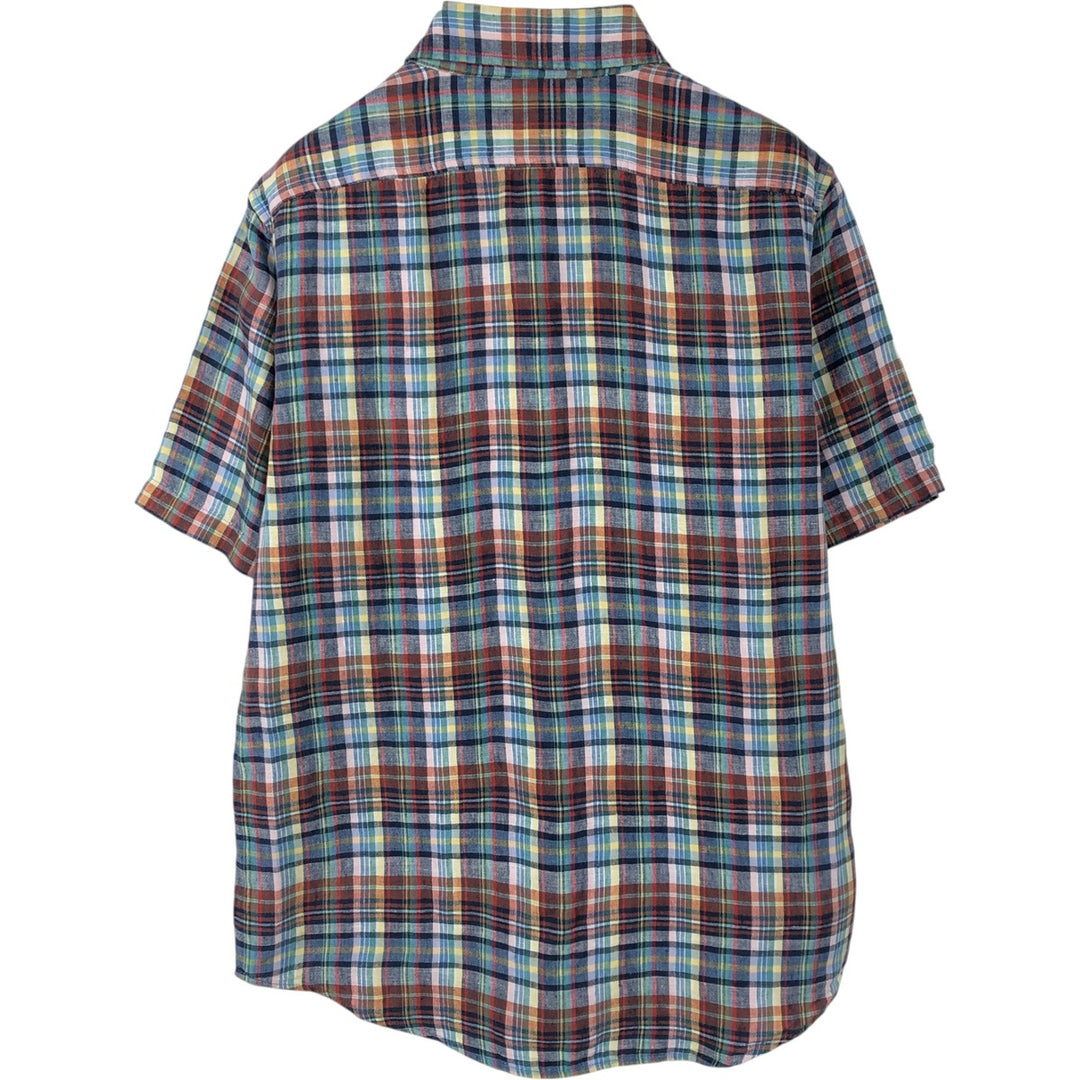 90s-00'S LLBean Check Pattern Short-Sleeve Linen Shirt, Men's Size M (approx.), Vintage linen blue type Vintage Second Hand