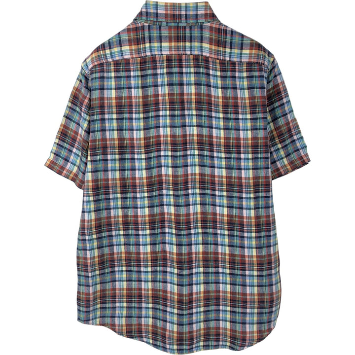90s-00'S LLBean Check Pattern Short-Sleeve Linen Shirt, Men's Size M (approx.), Vintage linen blue type Vintage Second Hand