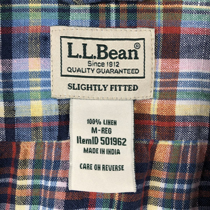 90s-00'S LLBean Check Pattern Short-Sleeve Linen Shirt, Men's Size M (approx.), Vintage linen blue type Vintage Second Hand