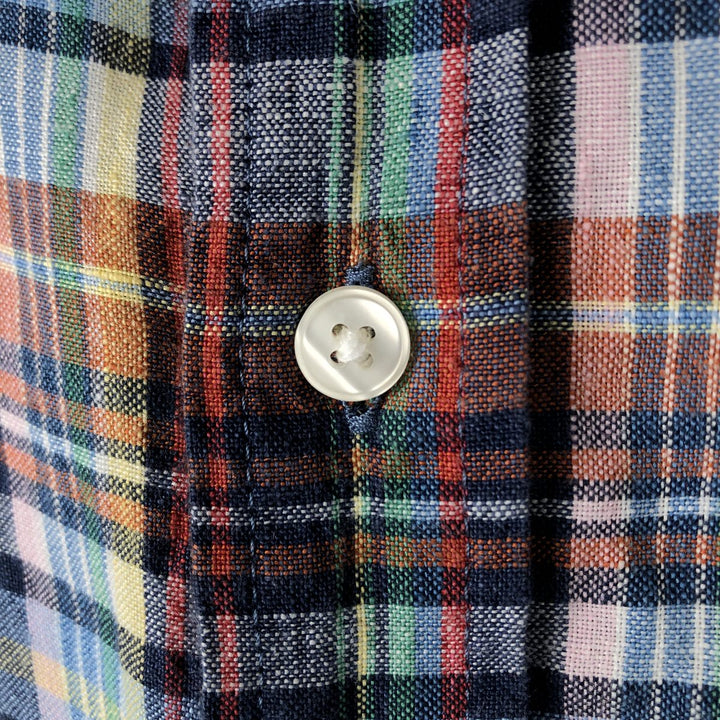 90s-00'S LLBean Check Pattern Short-Sleeve Linen Shirt, Men's Size M (approx.), Vintage linen blue type Vintage Second Hand
