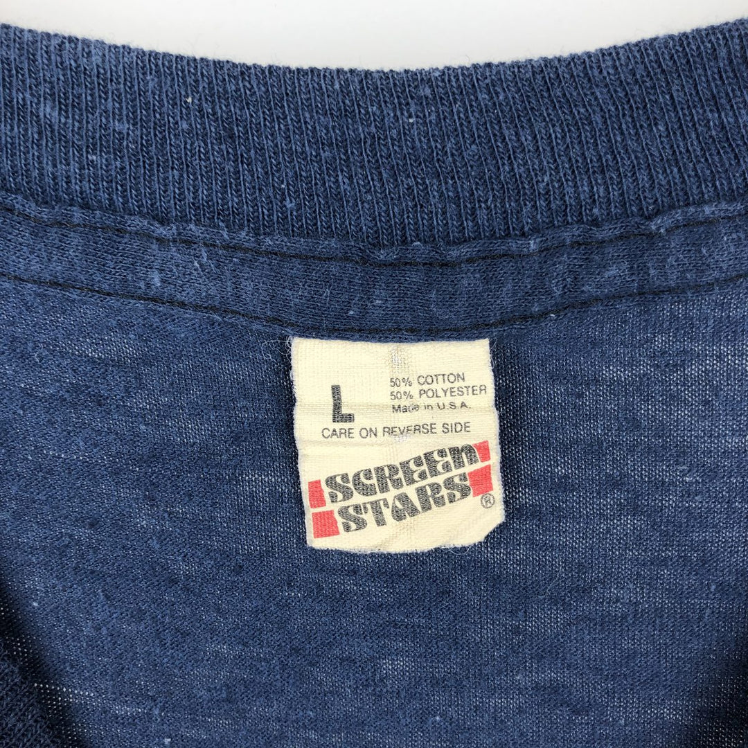 80'S SCREEN STARS Message Print T-Shirt Made in USA Men's L Size Vintage cotton navy blue type Vintage Second Hand