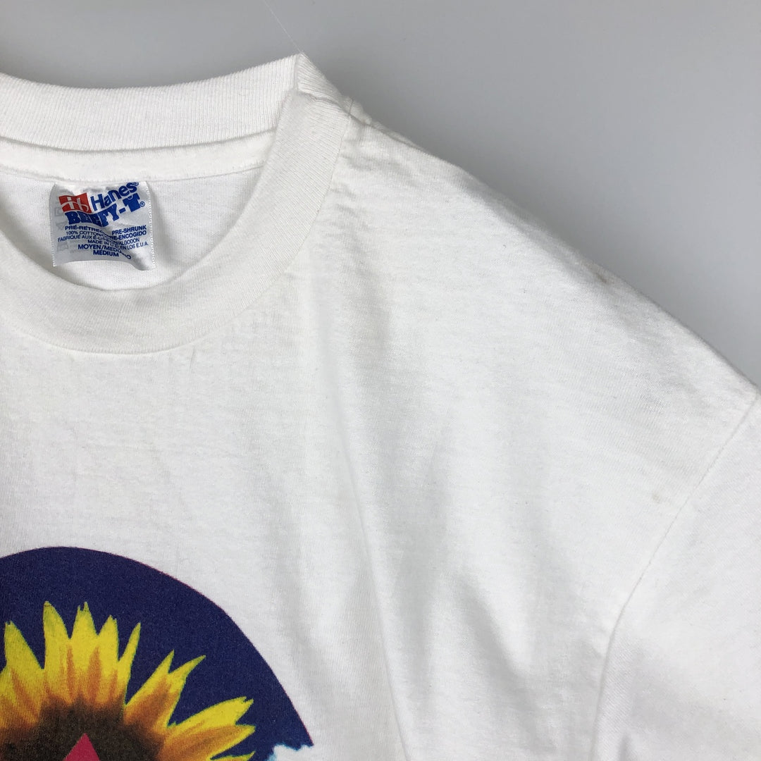 90'S Hanes floral sunflower pattern photo t-shirt, made in USA, men's size M equivalent, vintage. cotton white type Vintage Second Hand