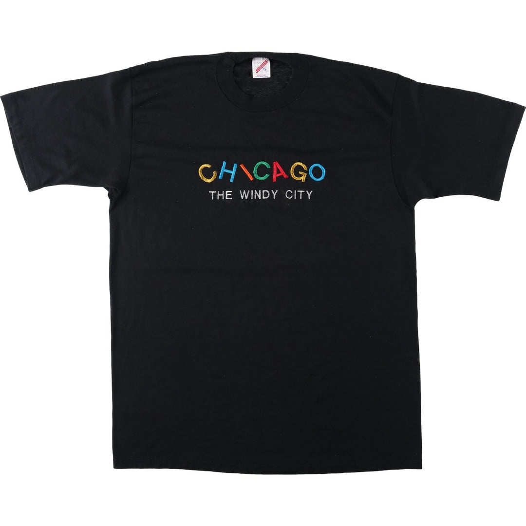Jerzees CHICAGO embroidered T-shirt, made in USA, men's size XL equivalent. cotton black type Vintage Second Hand