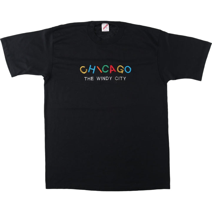 Jerzees CHICAGO embroidered T-shirt, made in USA, men's size XL equivalent. cotton black type Vintage Second Hand